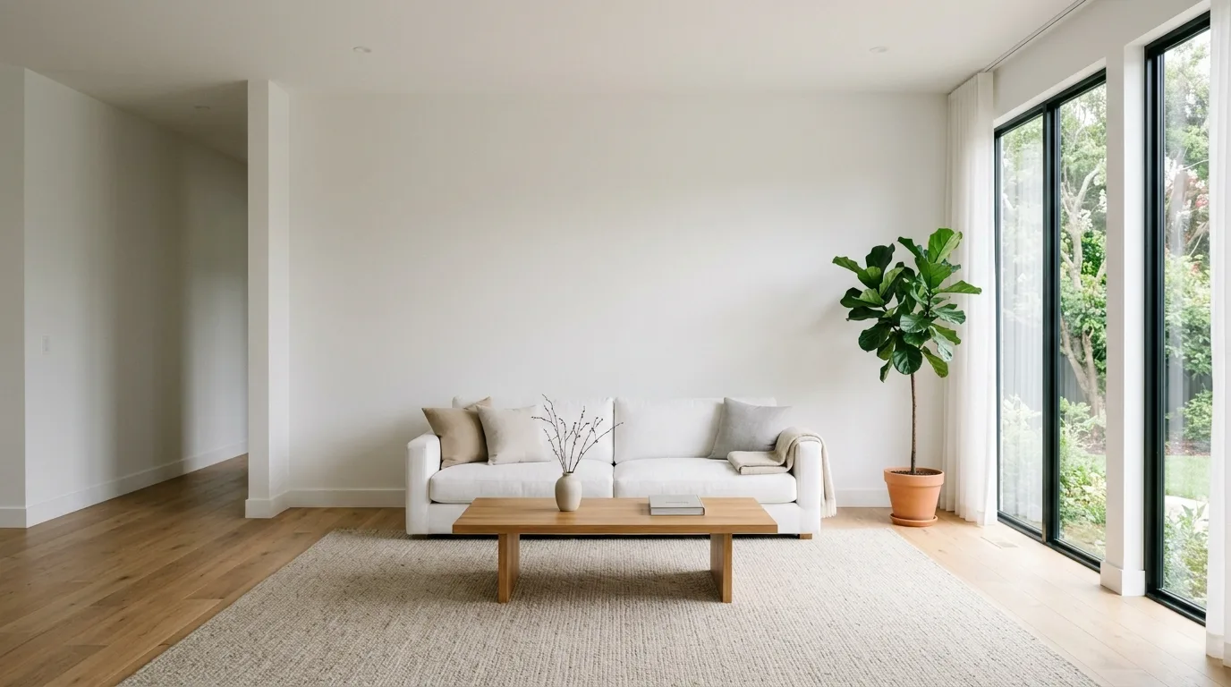 Minimalist living room with clean lines, open space, and a calm palette.